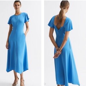 REISS Eleni Cap Sleeve Midi Dress in Blue Size 10